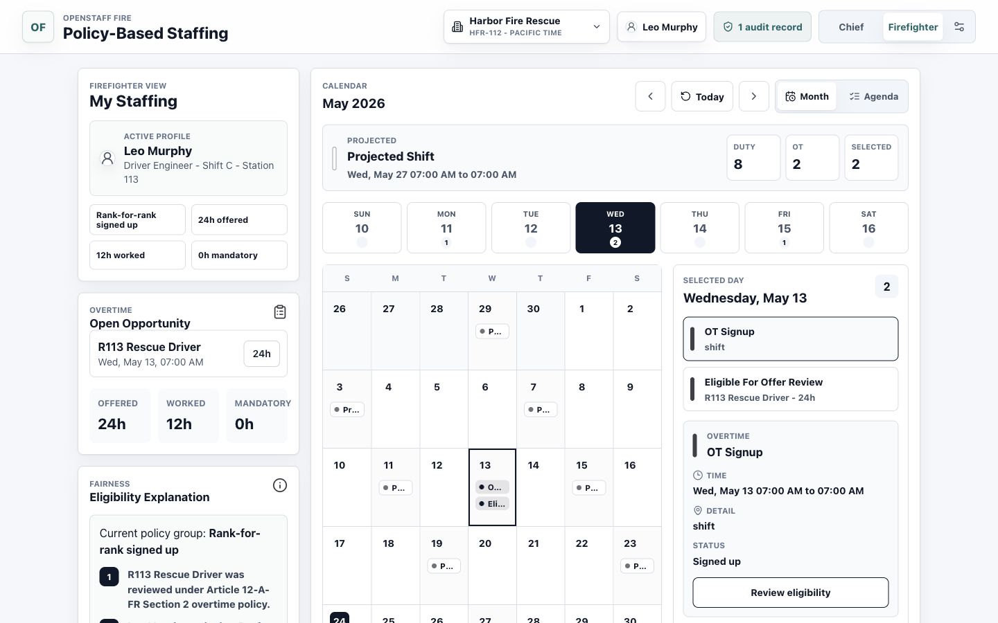 Firefighter staffing view with profile, overtime detail, and calendar.
